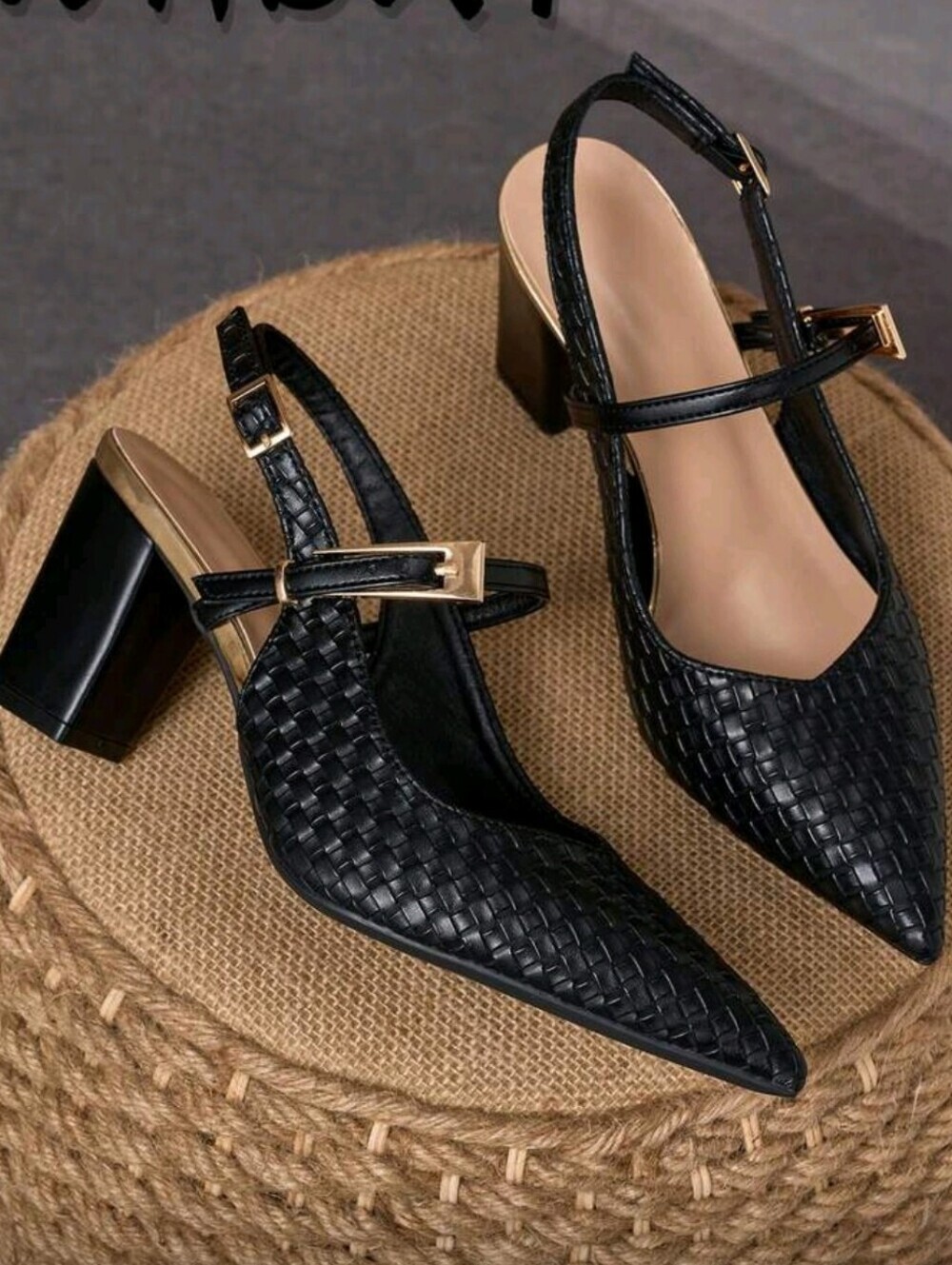 Black Woven Texture Chunky Heel Pointed Toe High Heels, Women's Shoes With